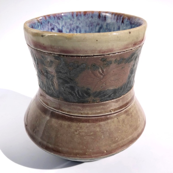 handmade pottery vase raku vessel leaves brown black blue drip 4 inches tall - Picture 8 of 16